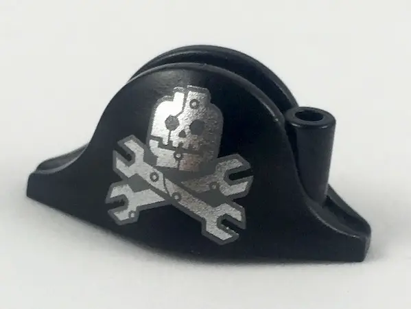 Black Minifigure, Headgear Hat, Pirate Bicorne with Silver Minifigure Skull with Half Mask and Wrenc