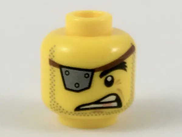 Yellow Minifigure, Head Male Silver Eye Patch with Rivets, Raised Eyebrow, Copper Tooth, Stubble Pat