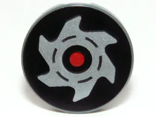 Dark Bluish Gray Tile, Round 2 x 2 with Red Circle and Silver Saw Blade on Black Background Pattern