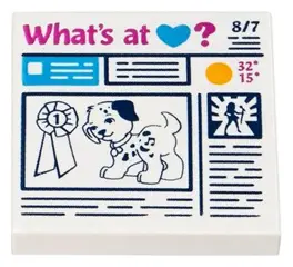 White Tile 2 x 2 with Prize Ribbon, Dog and 'What's at Heart?' Newspaper Pattern