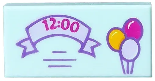 Light Aqua Tile 1 x 2 with Bright Light Orange, Lavender, and Magenta Balloons, '12:00' on Ribbon Pa