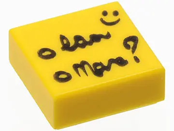 Yellow Tile 1 x 1 with Black Script, Question Mark, and Smiley Face Pattern