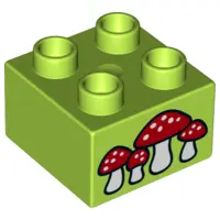 Lime Duplo, Brick 2 x 2 with 4 Mushrooms Pattern