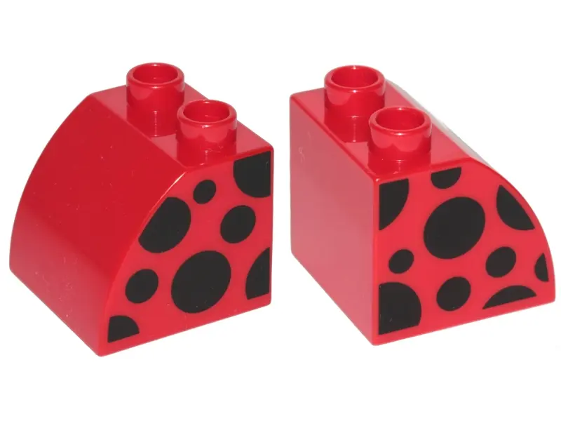 Red Duplo, Brick 2 x 2 x 1 1/2 Slope Curved with Ladybug Black Spots Pattern on Both Sides