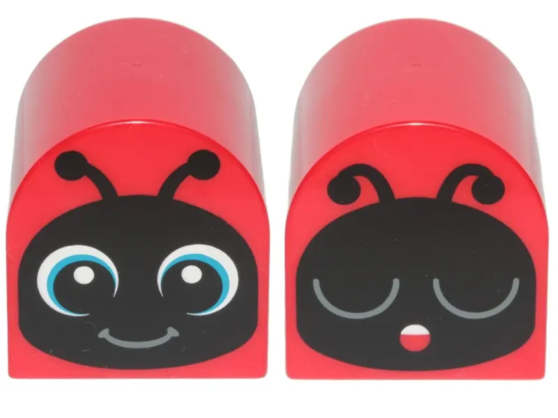 Red Duplo, Brick 2 x 2 x 2 Slope Curved Double with Blue Insect Face Eyes Open Awake / Eyes Closed A