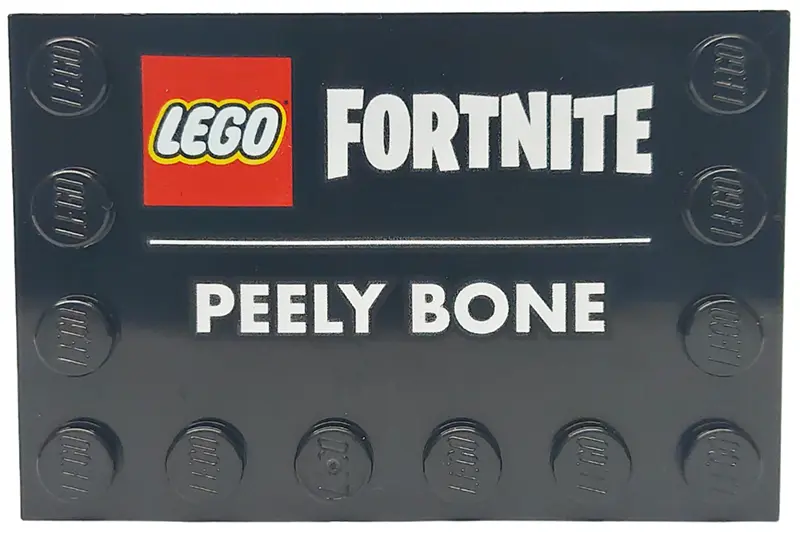 Black Tile, Modified 4 x 6 with Studs on Edges with LEGO Fortnite Logo and 'PEELY BONE' Pattern