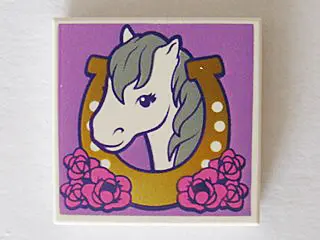 White Tile 2 x 2 with Horse Head Facing Left in Horseshoe and Flowers Pattern