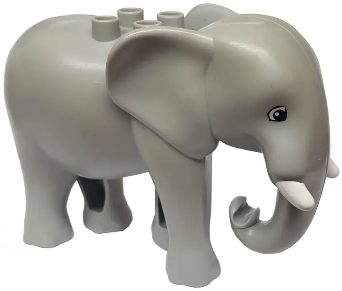 Light Bluish Gray Duplo Elephant Adult, Walking with White Tusks, Black Eyes Squared Pattern