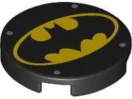 Black Tile, Round 2 x 2 with Bottom Stud Holder with Bat on Yellow Oval Batman Logo and 4 Silver Dot
