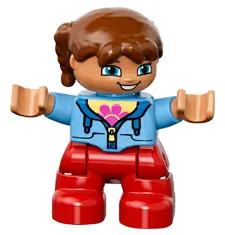 Duplo Figure Lego Ville, Child Girl, Red Legs, Medium Blue Jacket over Shirt with Flower, Reddish Br