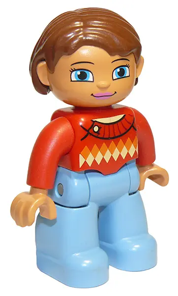 Duplo Figure Lego Ville, Female, Medium Blue Legs, Red Sweater with Diamond Pattern, Reddish Brown H