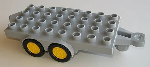 Light Bluish Gray Duplo Trailer Flatbed 4 x 8 Studs with Hitch Ends, Four Black Wheels and Yellow Hu