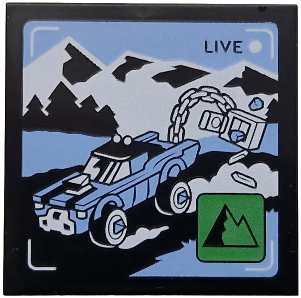 Tile 4 x 4 with 'LIVE' Broadcast with Bright Light Blue Car and Side Road, Black and White Mountains