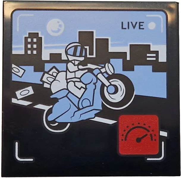 Tile 4 x 4 with 'LIVE' Broadcast with Bright Light Blue Motorcycle and Sky, Black Road and Skyliners