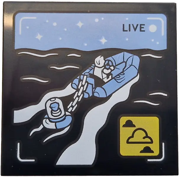 Tile 4 x 4 with 'LIVE' Broadcast with Bright Light Blue Rubber Raft and Sky, Black Sea, White Minifi