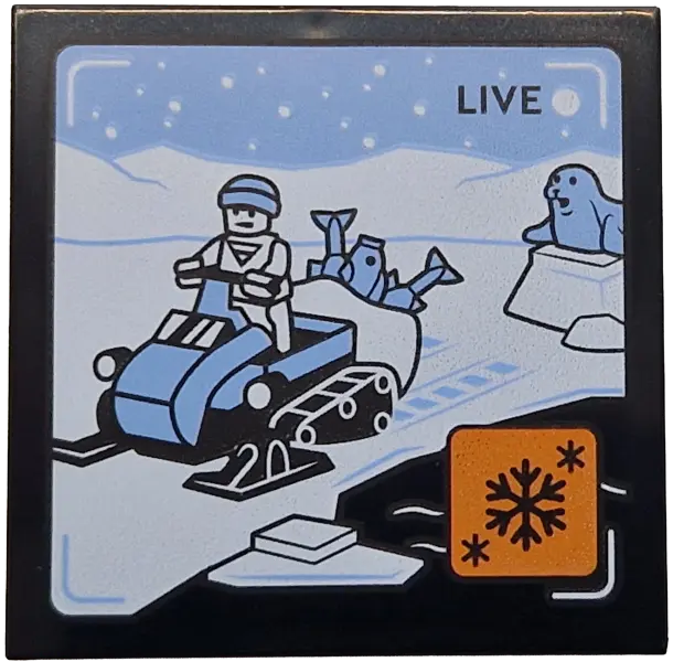 Tile 4 x 4 with 'LIVE' Broadcast with Bright Light Blue Snowmobile, Fish, Seal and Sky, White Ground