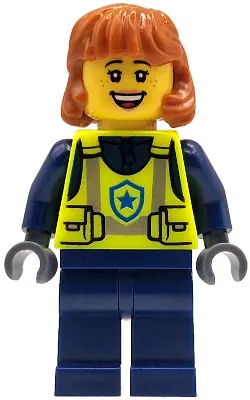 - City Officer Female, Neon Yellow Safety Vest, Dark Blue Legs, Dark Orange Mid Length Hair