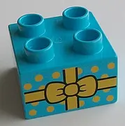 Medium Azure Duplo, Brick 2 x 2 with Present / Gift with Yellow Bow and Polka Dots Pattern