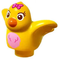 Yellow Duplo Bird with Bright Pink Chest Feathers, Dark Pink Bow, Orange Beak Pattern