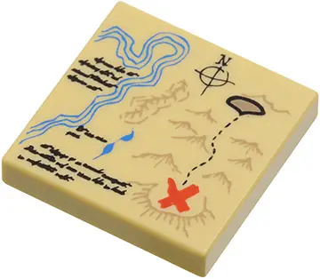 Tan Tile 2 x 2 with Map River, Dark Tan Mountains, Handwriting and Red 'X' Pattern