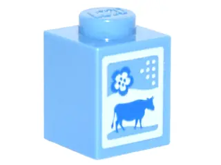 Medium Blue Brick 1 x 1 with Blue Cow and Flower on White Background Pattern (Milk Carton)