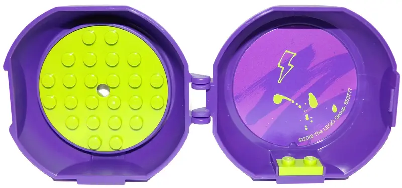 Dark Purple Container, Pod with Lime 6 x 6 Round Plate and Lime 1 x 2 Plate with Friends Pattern (St