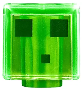 Trans-Bright Green Minifigure, Head, Modified Cube with Pixelated Dark Green Eyes and Mouth Pattern 