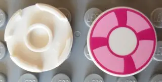 White Tile, Round 2 x 2 with Bottom Stud Holder with Magenta and Bright Pink Life Preserver, Curved 