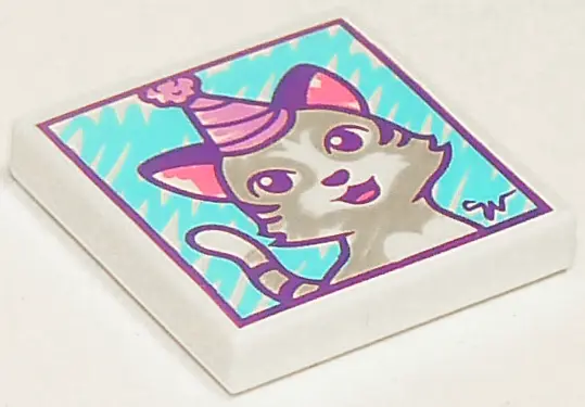 White Tile 2 x 2 with Cat Wearing Party Hat Drawing Pattern