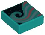 Dark Turquoise Tile 1 x 1 with Metallic Light Blue and Coral Swirl on Black Background Pattern