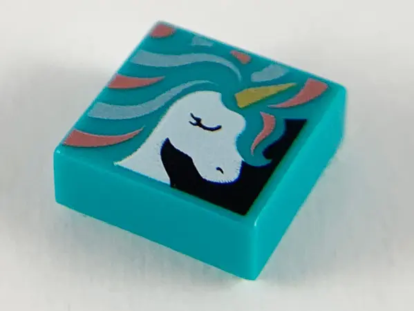Dark Turquoise Tile 1 x 1 with White Unicorn Head, Gold Horn, and Metallic Light Blue and Coral Mane
