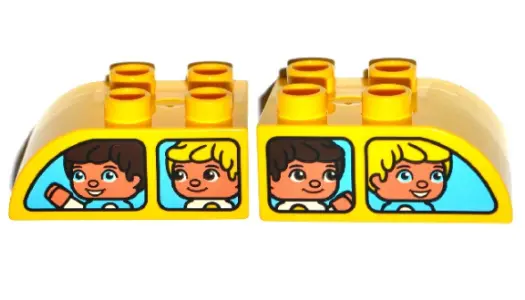 Yellow Duplo, Brick 2 x 3 Slope Curved with Medium Azure Vehicle Windows with Boys Pattern