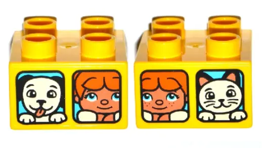 Yellow Duplo, Brick 2 x 2 with 2 Windows with Duplo Girl and Cat / Girl and Dog Pattern