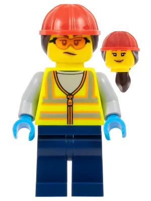 Airport Worker - Female, Neon Yellow Safety Vest with Reflective Stripes, Dark Blue Legs, Red Constr