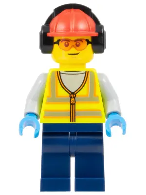 Airport Worker - Male, Neon Yellow Safety Vest with Reflective Stripes, Dark Blue Legs, Red Construc