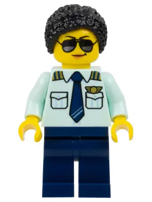 Passenger Plane Pilot - Female, Light Aqua Uniform Shirt with Tie, Dark Blue Legs, Black Hair Braide