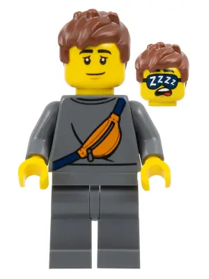 Plane Passenger - Male, Dark Bluish Gray Sweater with Orange Sling Bag, Dark Bluish Gray Legs, Reddi