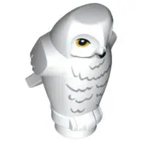 White Owl, Angular Features with Black Beak, Bright Light Orange Eyes, and Dark Bluish Gray Rippled 