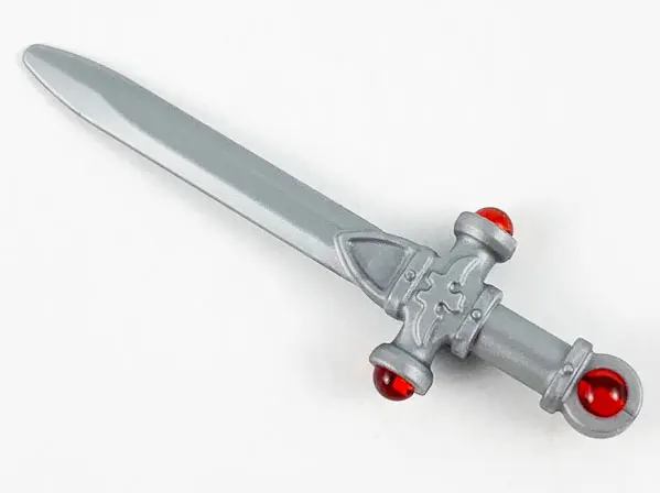 Flat Silver Minifigure, Weapon Sword, Ornate with Molded Trans-Red Jewels on Crossguard and Pommel P