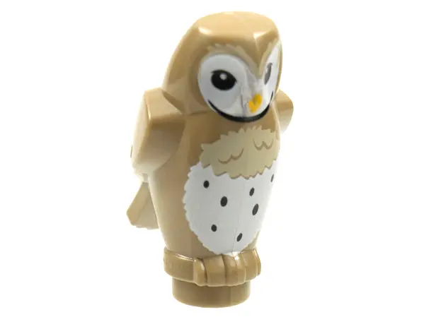 Dark Tan Owl, Angular Features with Bright Light Orange Beak, Black Eyes, and Tan and White Chest Fe