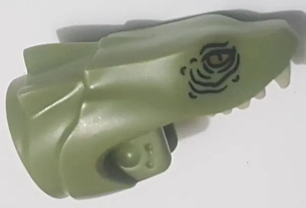 Olive Green Serpent Basilisk Head with Yellow Eyes, Black Wrinkles and White Teeth Pattern