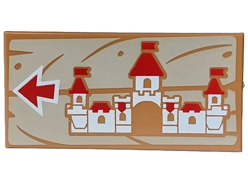 Medium Nougat Tile 2 x 4 with Red and White Peach Castle and Arrow on Tan Wood Grain Background Patt
