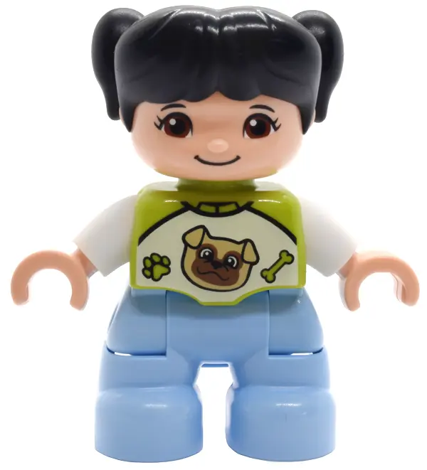 Duplo Figure Lego Ville, Child Girl, Bright Light Blue Legs, Lime Top with Pug Dog Pattern, Black Ha