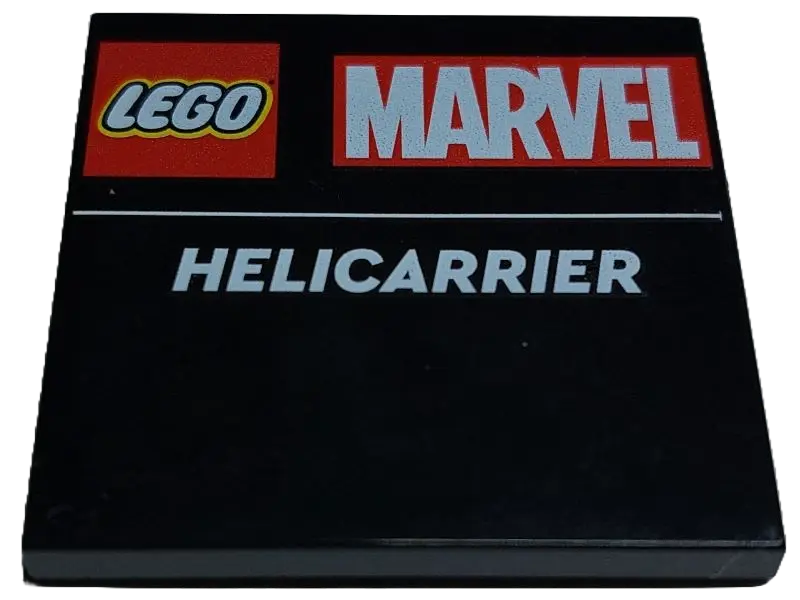 Black Tile 4 x 4 with Red LEGO Marvel Logo and White 'HELICARRIER' Pattern