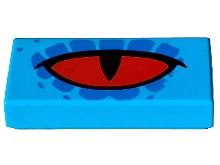 Dark Azure Tile 1 x 2 with Red Eye, Black Slit Pupil and Blue Spots Pattern