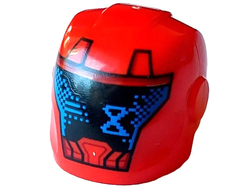 Red Minifigure, Headgear Helmet Armor Plates and Ear Protectors with Black Faceplate, Blue Hourglass