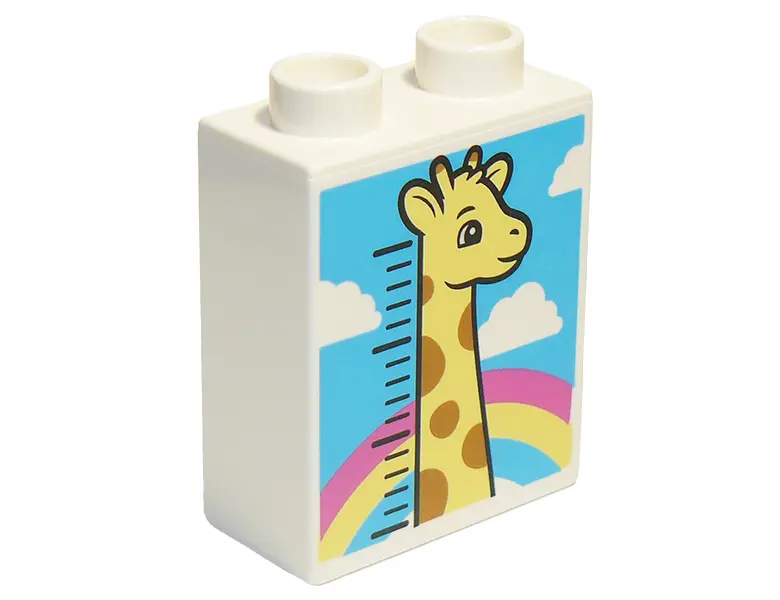 White Duplo, Brick 1 x 2 x 2 with Bright Light Yellow Giraffe Height Chart, Clouds, and Rainbow Patt