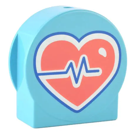 Medium Azure Duplo, Brick 1 x 2 x 2 Round Top, Cut Away Sides with Coral and White Heart with Blue H