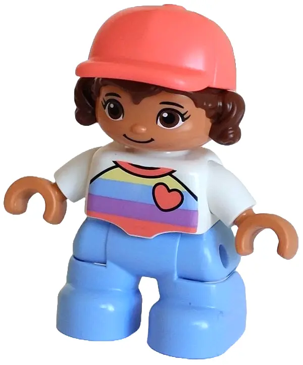 Duplo Figure Lego Ville, Child Girl, Bright Light Blue Legs, White Top with Stripes and Heart, Reddi