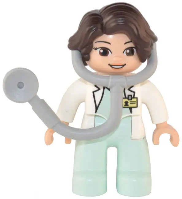 Duplo Figure Lego Ville, Female Medic, Light Aqua Legs, White Top with ID Badge, White Arms, Dark Br